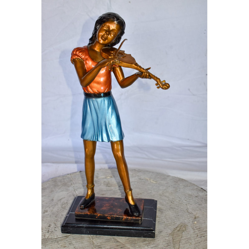Statue Givanna, jeune fille jouant du violon paisiblement en bronze, taille: 10 po x 5 po x H 21 po