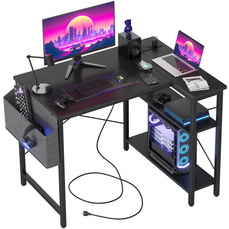 Black L-Shaped Gaming Desk with Power Outlet and USB Port