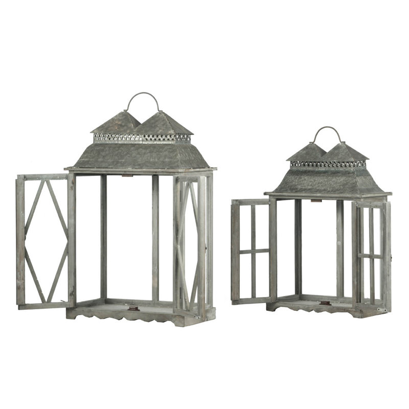 Ensemble de 2 lanternes de patio en verre et bois de sapin Scape argenté avec toit en métal