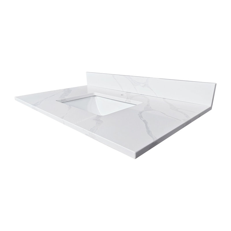37" Carrara White Quartz Bathroom Vanity Top with Undermount Sink, 4" Backsplash & Pre-Drilled Faucet Hole, Single