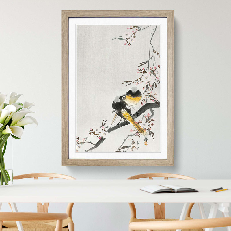 Two Sable Red Tails and Cherry Blossom by Ohara Koson - Picture Frame Painting Print, Oak Framed, 36cm H x 27cm W x 2cm D