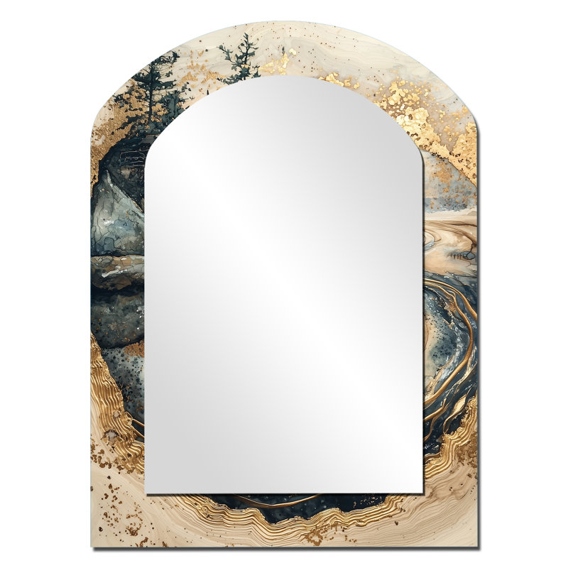 «Turtle On Forest Landscape Collage», miroir décoratif arche de tortue, miroir mural asymétrique moderne, impression d'art en métal