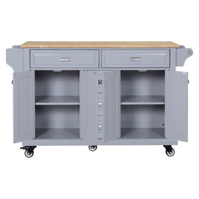 Kitchen Island With Rubber Wood Countertop, Kitchen Cart On 5 Wheels With Storage Cabinet And 5 Drawers For Dinning Room