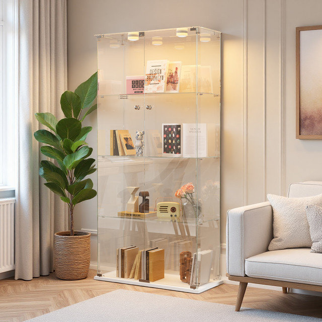 4-Tiers Glass Display Cabinet With LED Lighting, White