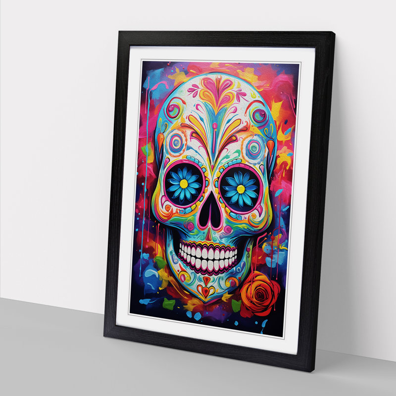 Sugar Skull Abstract - Single Picture Frame Print on Wood, Black, 64cm H x 46cm W x 2cm D