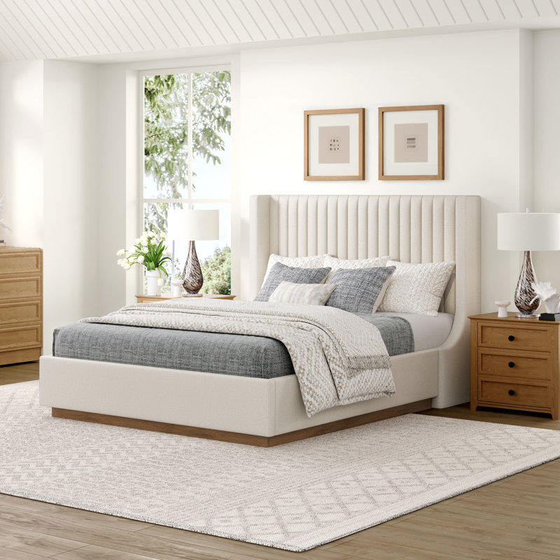 Lit plateforme tapissier Madiyson , Lin, Grand lit