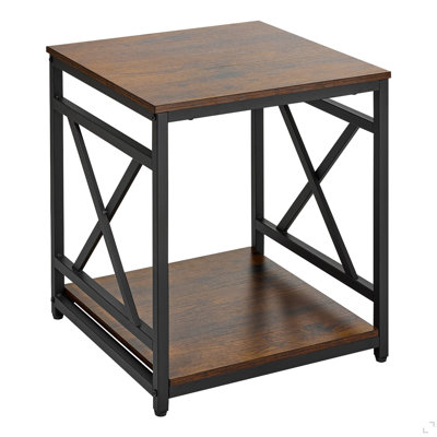 Table de bout, table d'appoint carrée à 2 niveaux avec tablettes de rangement ouvertes, table de chevet moderne avec structure en X en métal, canapé-lit en bois pour salon, chambre à coucher, bureau