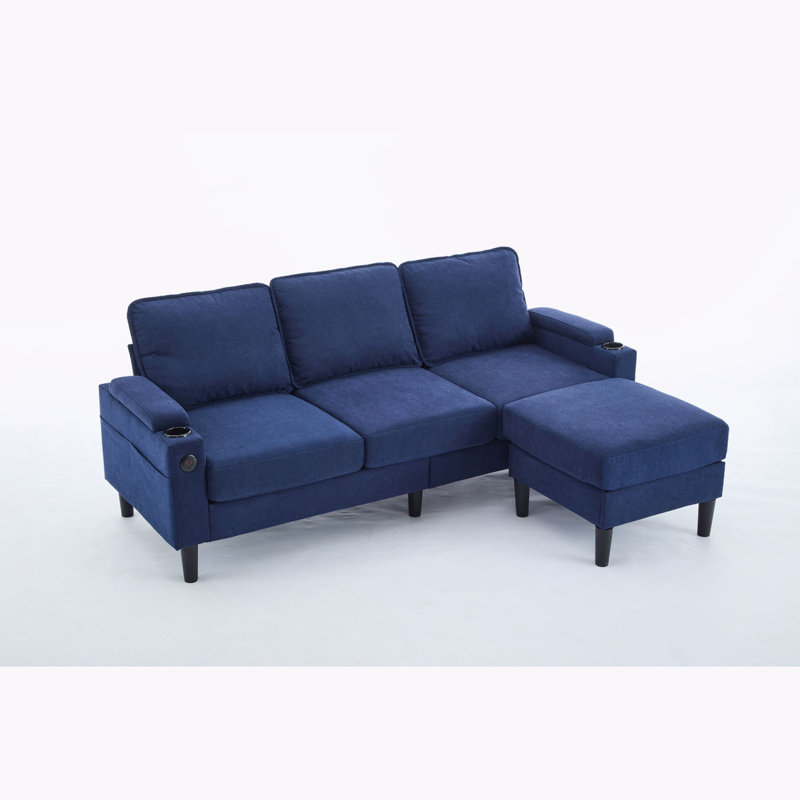 3-Seater Sofa with Storage Ottoman, Blue Linen