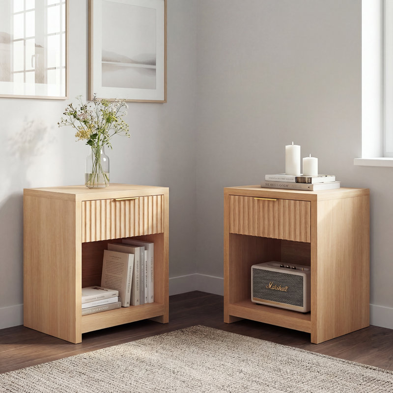 Fluted Nightstand Set of 2, Modern Mid-Century Bedside Table with Thickened Board, Silent Glide Drawer & Gold Metal Handles, Large Wide End Table for Bedroom Living Room Office, Natural Oak