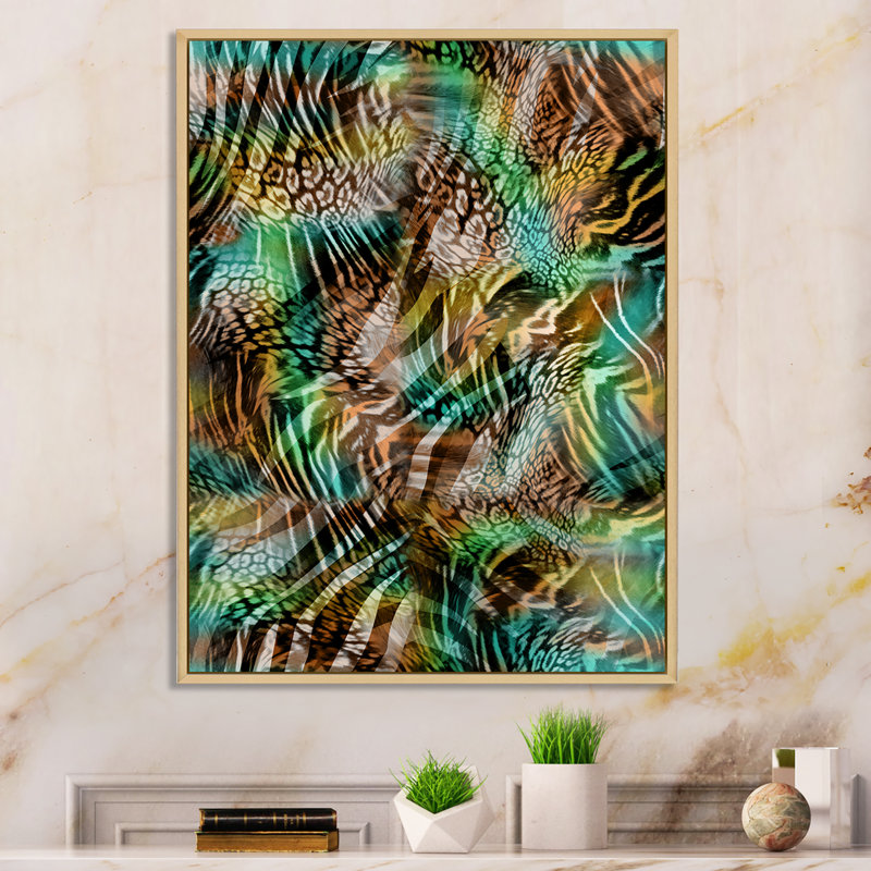 Motif léopard avec une touche de vert IV - Peinture, H 12 po x l 8 po x P 1 po, Toile naturelle avec cadre flottant