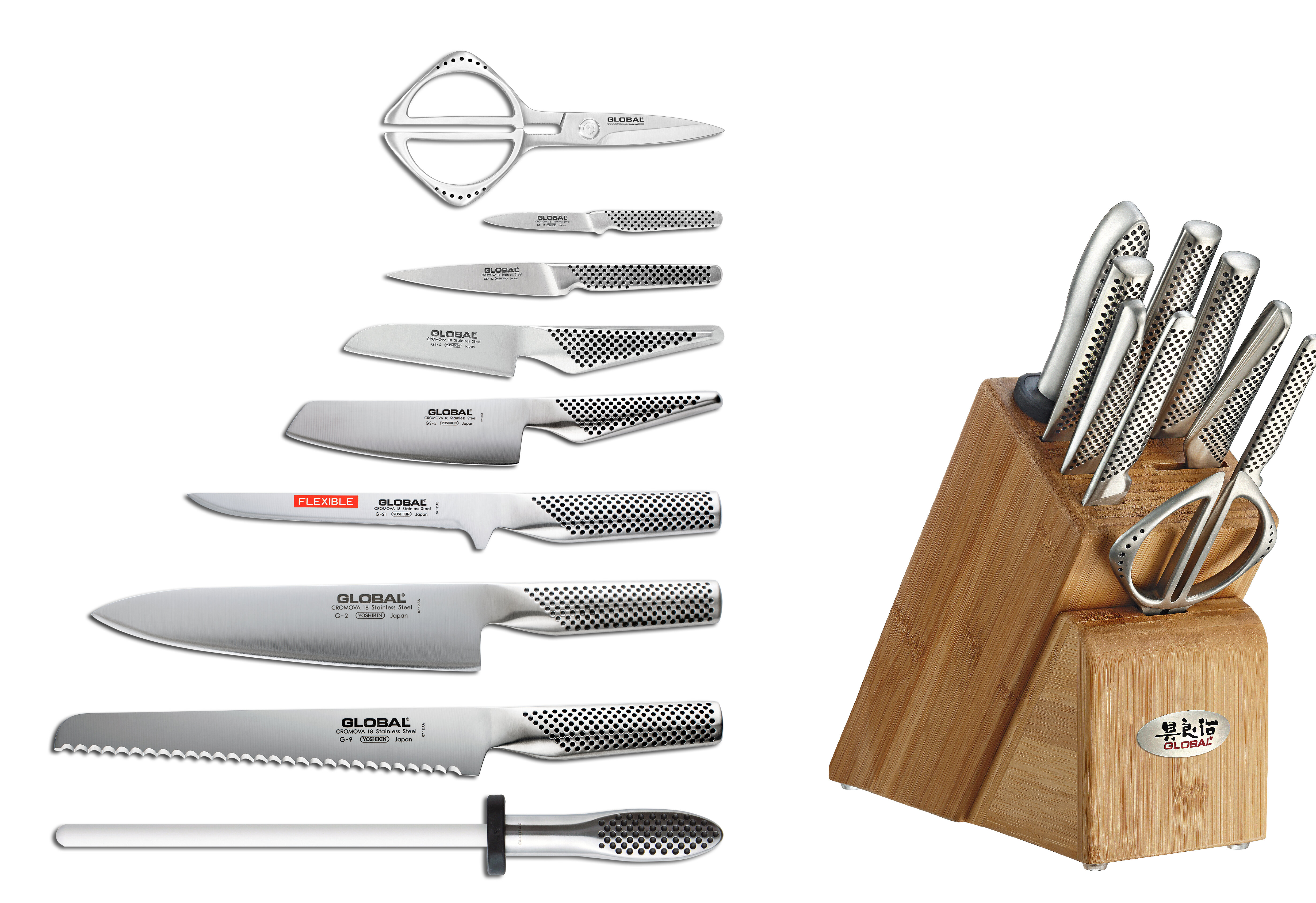 GLOBAL-IST 2 Kitchen Knife & Sharpener Set JPN Ltd Model Extra Edge  Stainless