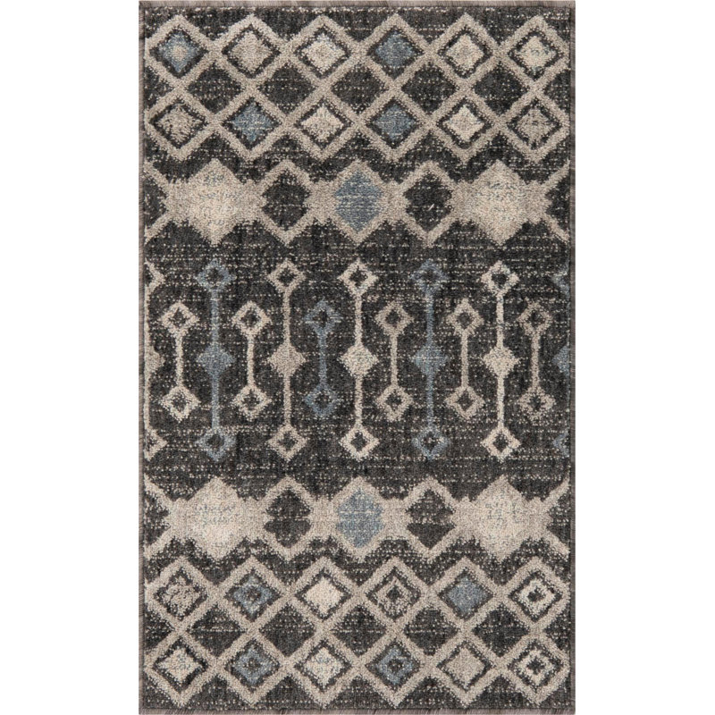 Abstract Area Rug in Charcoal Gray-Light Blue, Rectangle 2' x 3'