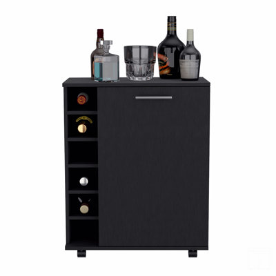 Bar -Coffee Cart 32" H, Kitchen Or Living Room Cabinet Storage With  4 Wheels, With 6 Bottle Racks, A Central Shelf Covered By 1 Door