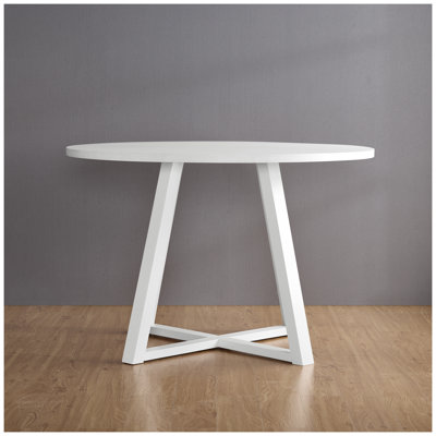 Edo Contemporary Round Dining Table with Trestle Base, White Rubberwood and MDF