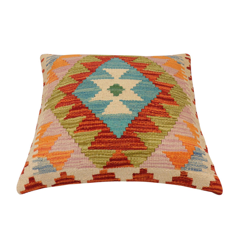 Coussin kilim tissé à la main Southwestern Quirk, H 18 po x l 19 po, Rouille / bleu / beige / vert géométrique 3