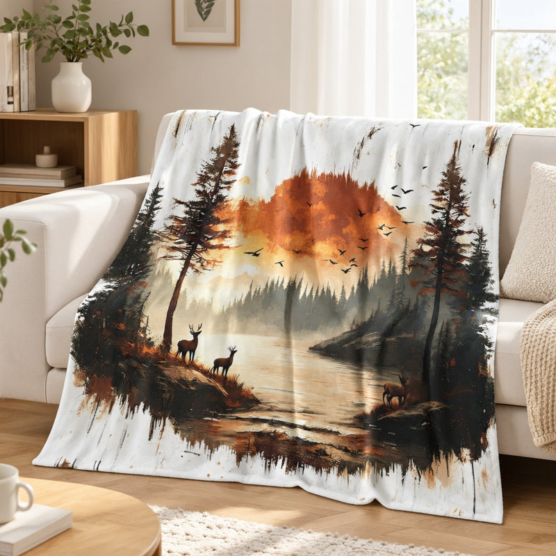 Jeté en flanelle Watercolor Forest Landscape, L 50 po x l 40 po