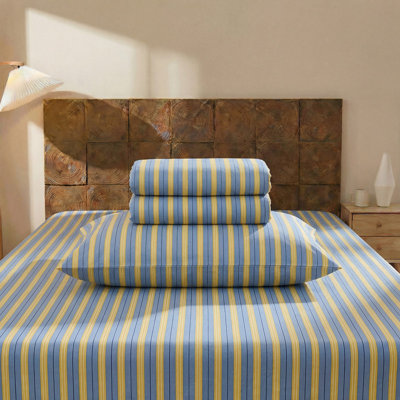 Blue & Yellow Striped Sheet Set Full Size, 100% Cotton Fitted Sheet Set with Deep Pockets, Crisp Cool Feeling, Ribbon Stripes Design, 4-Piece All Season Bedding