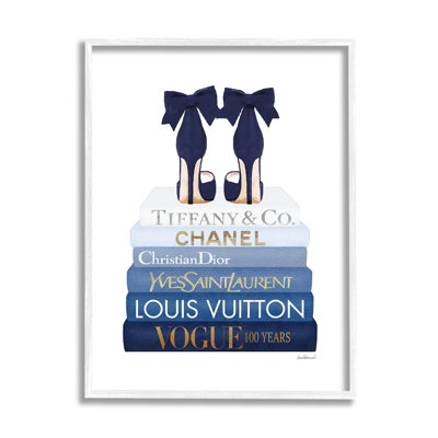 Navy Blue Bow Heels Chic Glam Bookstack White Framed Giclee Texturized Art by Amanda Greenwood