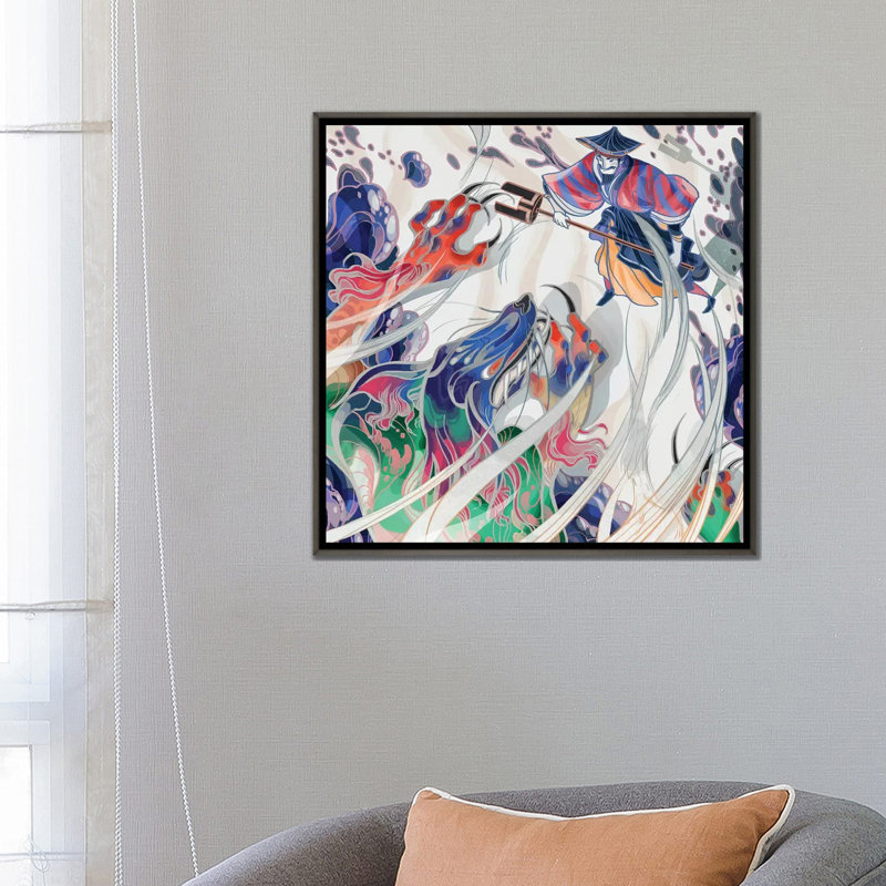 " Water Beast " by Sija Hong, Dark Rustic Wood Framed Canvas, No Mat, 26" H x 26" W x 1.5" D