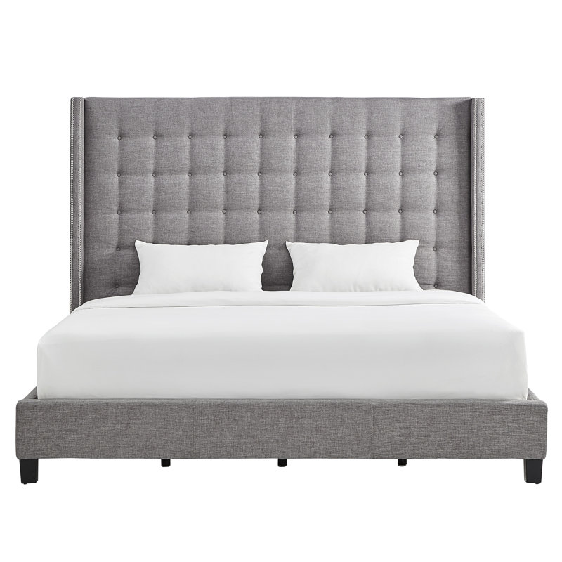 Kaster Upholstered Wingback Bed, Pewter Grey Linen, King