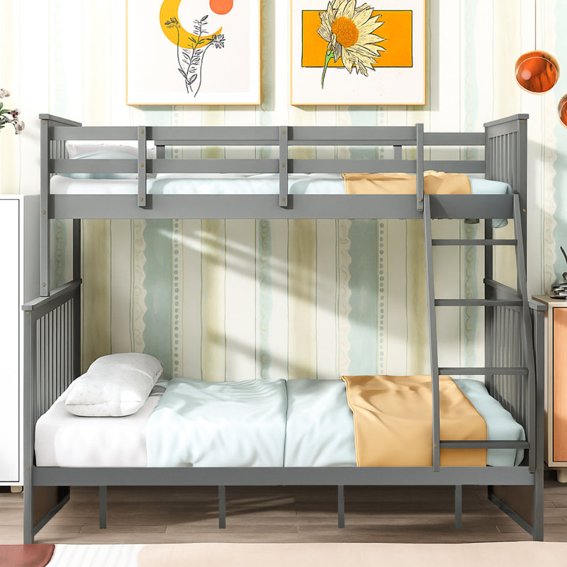 Twin Over Full Gray Bunk Bed Of Wood, Equipped With And Features, Strong Pine Build, Can Be Split Into Two For Added Convenience, No Spring Box Necessary, Top Handrail - Length Protection, Bottom