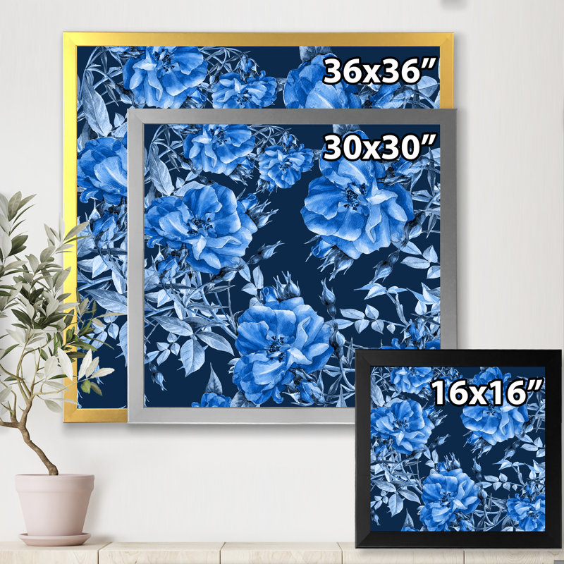 Fleurs bleues abstraites - Peinture sur toile, Cadre noir, H 30 po x l 30 po x P 1 po