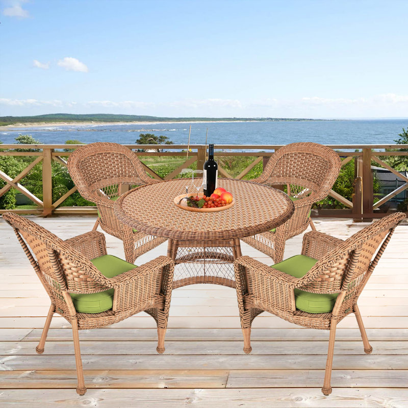 4 - Person Patio Dining Set with Round Table , Cushions Included, Honey, Green