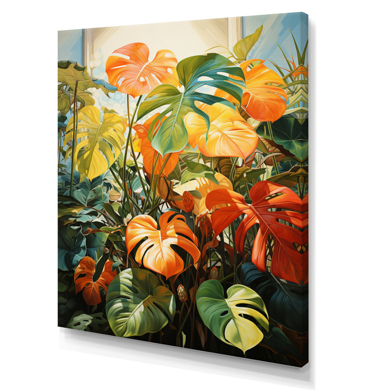 Feuillage tropical orange et vert III, Toile tendue, H 20 po x l 12 po x P 1 po