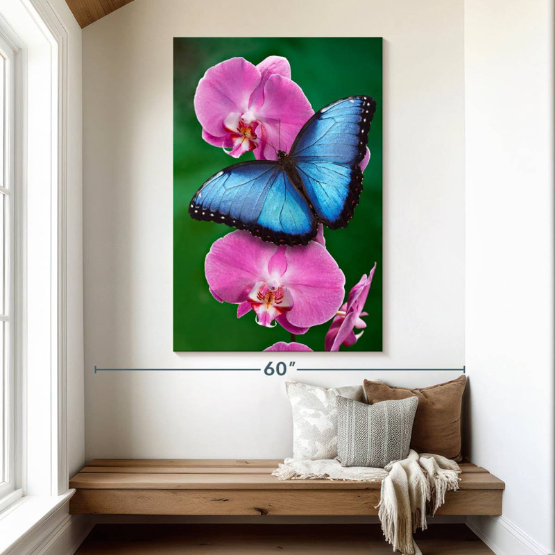 Ronce bleu Morpho sur orchidée rose, H 51 po x l 34 po