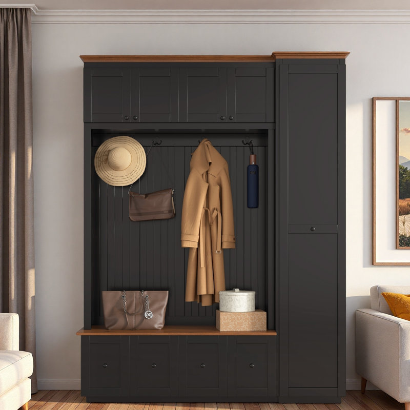 5-in-1 Hall Tree With Bench, Coat Rack, Drawers, Cabinets And Extra-large Side Storage Space, Black