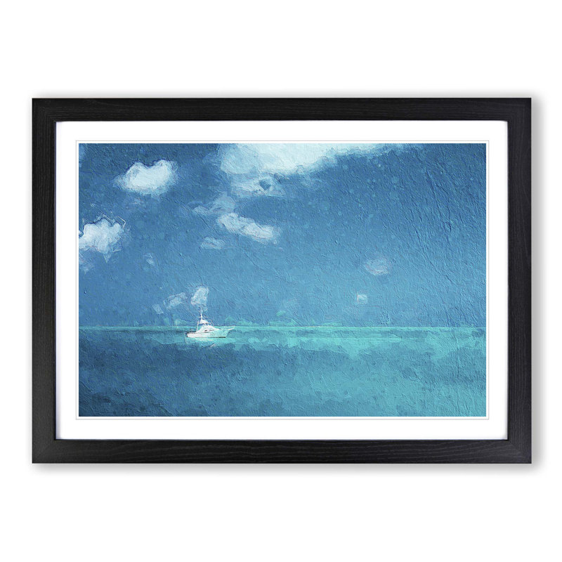 White Sailboat in the Open Ocean - Picture Frame Painting Print, 48cm H x 65cm W x 2cm D, Black Framed