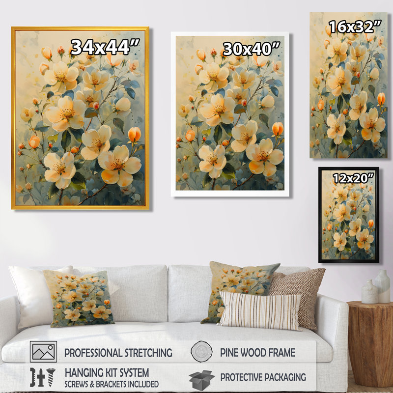  «Yellow Apple Blossom Spring Awakening II - Art mural de salon Apple Blossom, H 24 po x l 32 po, Cadre flottant noir