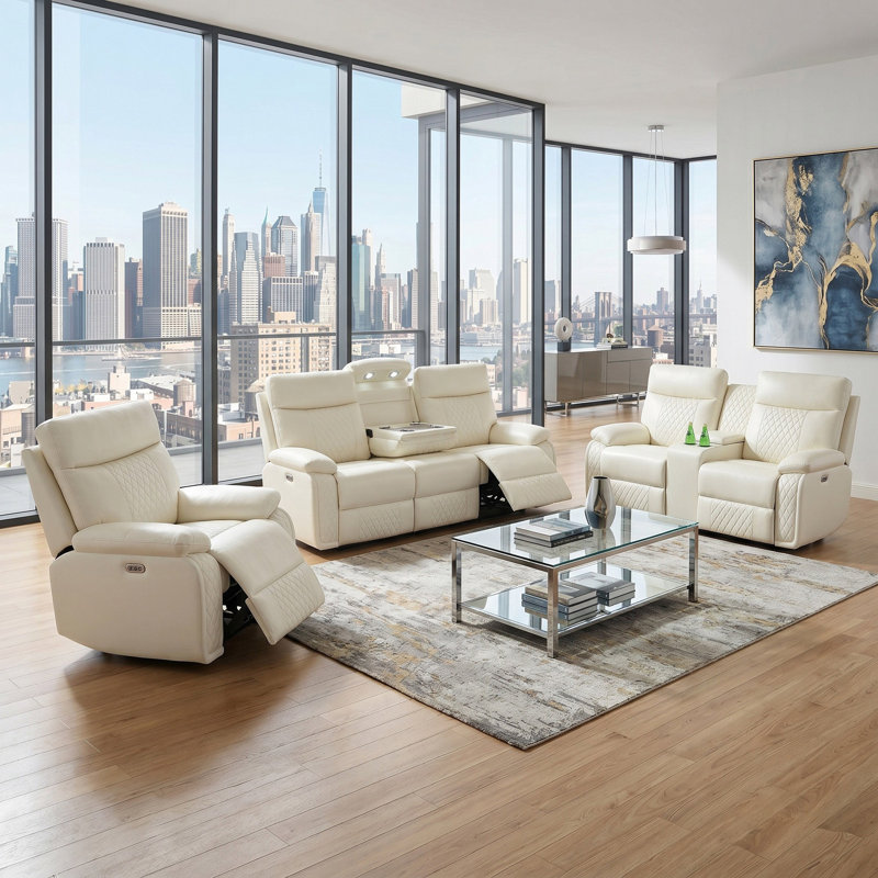 Arvella  White Vegan Leather 3-Pieces  Reclining  Sectioanal Living Room Sofa And Loveseat With Cup-Holders ,Wireless Charging And LED Lights