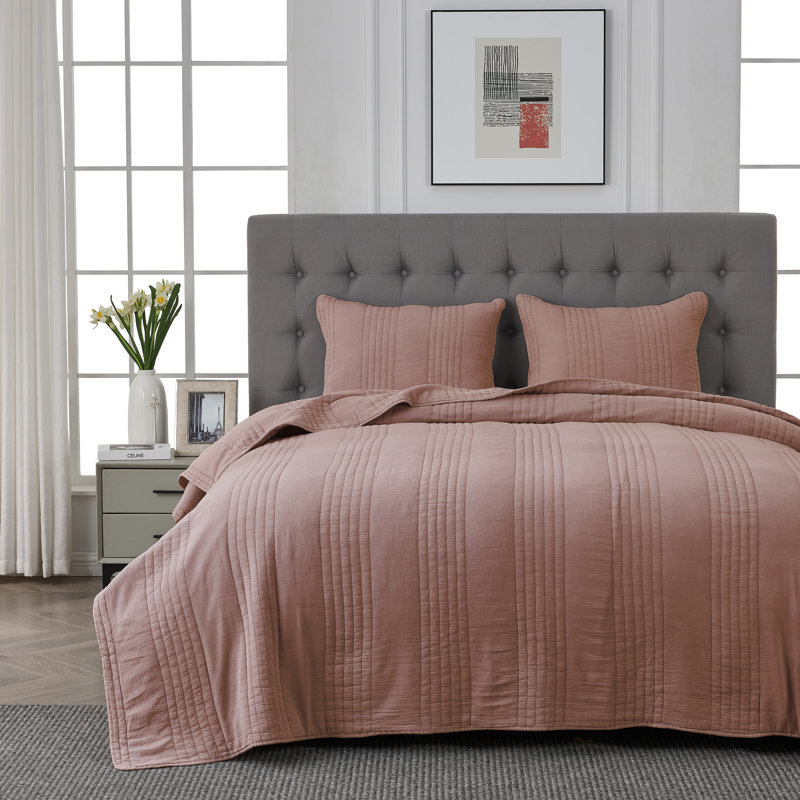 Kosovo Grimshaw 100% Cotton Quilt Set, King Quilt + 2 King Shams, Rust Pink