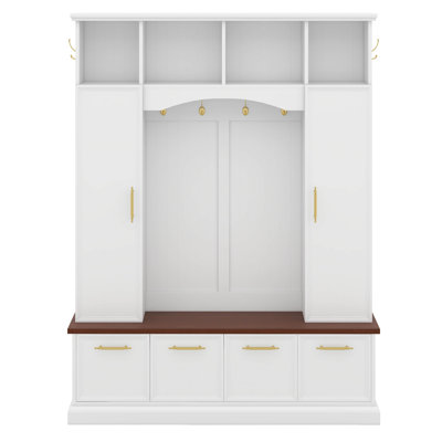 Hall Tree With Golden Hooks & Handles, Practical Entryway Walnut Bench With Adjustable Shelves, Farmhouse Wooden Style Coat & Shoe Rack