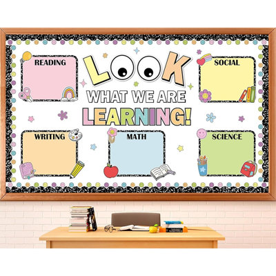 Back To School Bulletin Board Set – “look What We Are Learning” Colourful Classroom Decorations With Learning Objectives Cutouts For Wall, Door & Chalkboard
