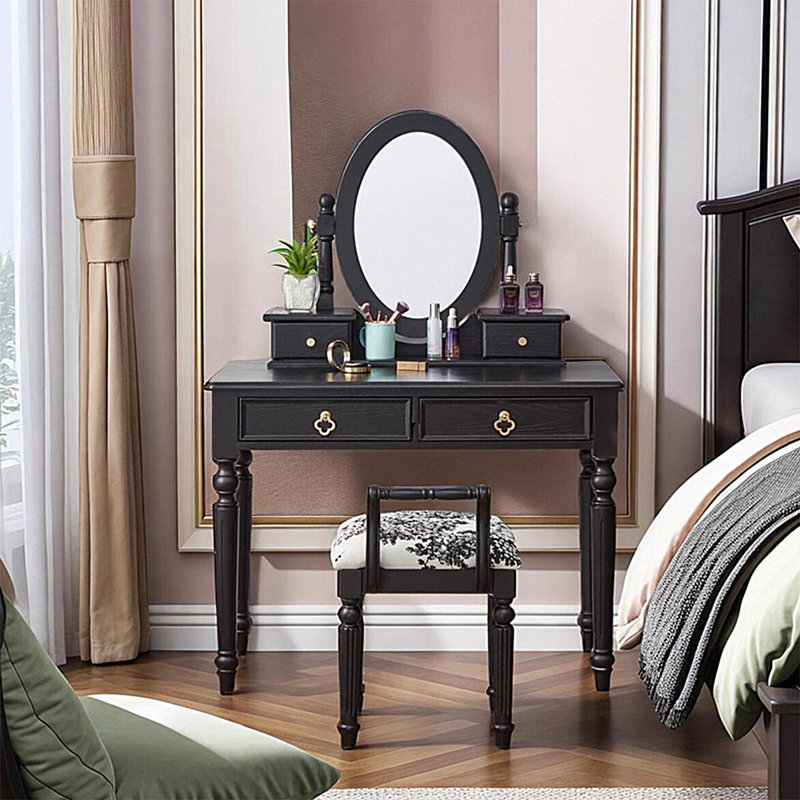 Meuble-lavabo 47,24 po vintage en bois de frêne noir avec miroir et tabouret