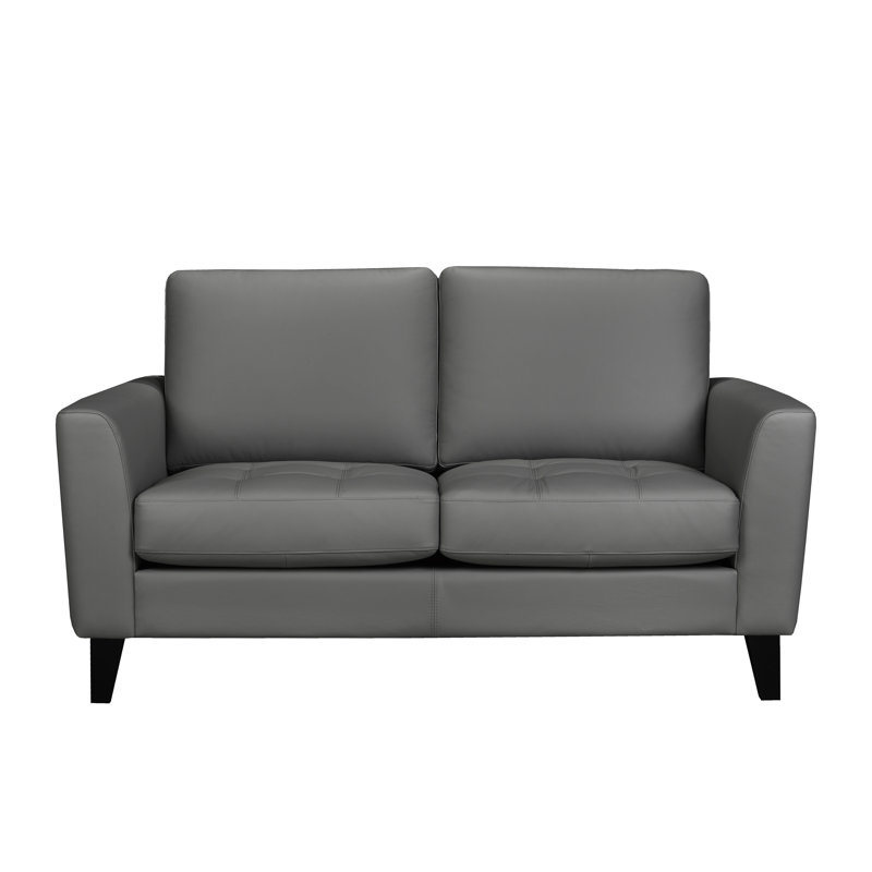 Causeuse à accoudoirs carrés en cuir véritable de 60 po Brunet, Cuir véritable gris foncé