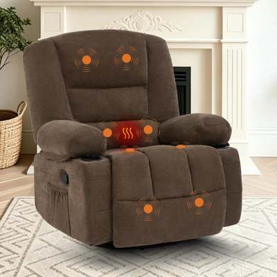 Oversized Swivel Recliner Chair for Living Room – 360° Rocker Glider, Vibration Massage & Heat, Extra Wide Manual Seat with Cup Holders & Side Pockets – Adult Single Sofa – Brown (Chenille)