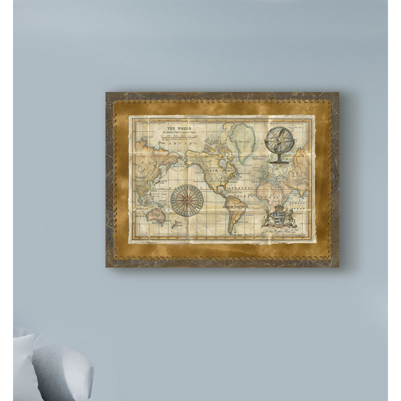 Carte du monde antique encadrée par Vision Studio - impression sur toile tendue, H 18 po x l 24 po x P 2 po