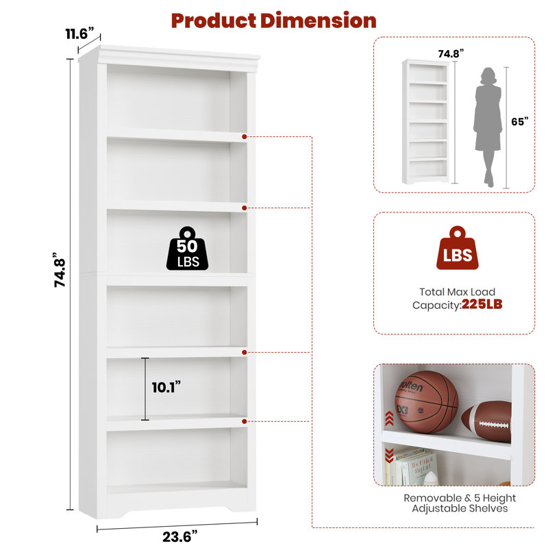 6-Tier Farmhouse Bookcase with Adjustable Shelves, Floor Standing Open Display Storage Rack, Anti-Slip Design, White