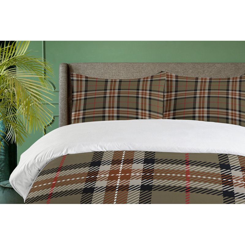 Plaid Queen Size Duvet Cover Set in Brown and Red Microfiber