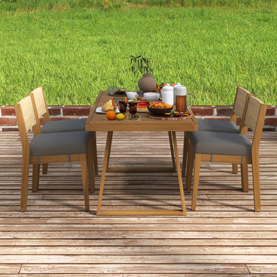 5- Piece Multi-Person Outdoor Acacia Wood Dining Table And Chair Set｜ Thick Cushions In Gray｜Large Capacity｜ Suitable For Balcony, Vourtyard, And Garden