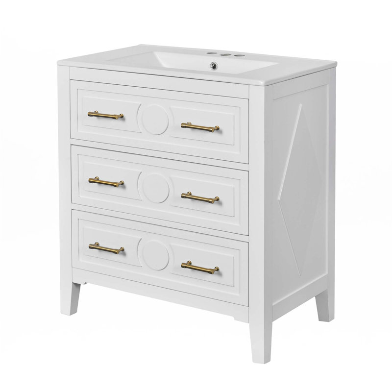 Meuble-lavabo 30 po avec lavabo en céramique, Blanc, Doré