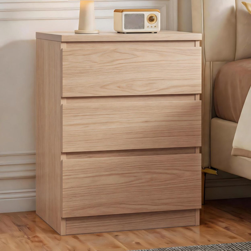 Wooden Nightstand with 3 Drawers, Natural, Individual
