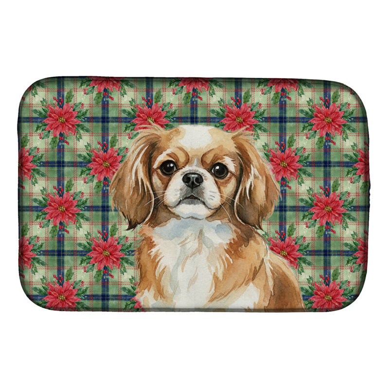 Tapis de vaisselle Tibetan Spaniel Christmas PoinsettIas, Brun / blanc 