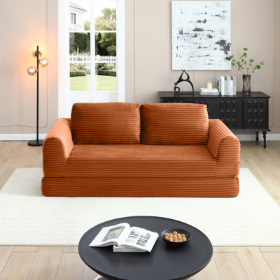 2-In-1 Folding Convertible Sofa Bed, Modern Corduroy Sleeper Couch With 2 Pillows, Futon Modular Upholstered Boneless Sofa With Pull-Out Bed, Folding Floor Modular Couch For Living Room Orange
