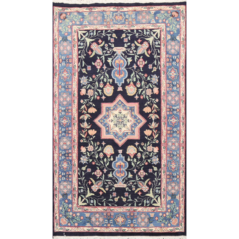 Tapis bleu marine en laine noué à la main de conception unique 3 pi 1 po x 5 pi 3 po