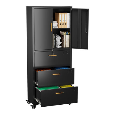  29.92 In. W×70.87 In. H×14.96 In. D 1-Shelf And 3-Drawer File Cabinet With Lock And Wheels, Metal File Cabinet, Modern Freestanding Cabinets, Bookshelves, Assembly Required, Black