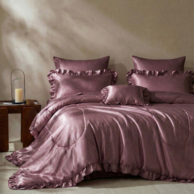Ensemble d'édredon en satin avec draps pour grand lit 8 pièces Ensemble de literie en soie rose rosé soyeux avec 1 housse de coussin